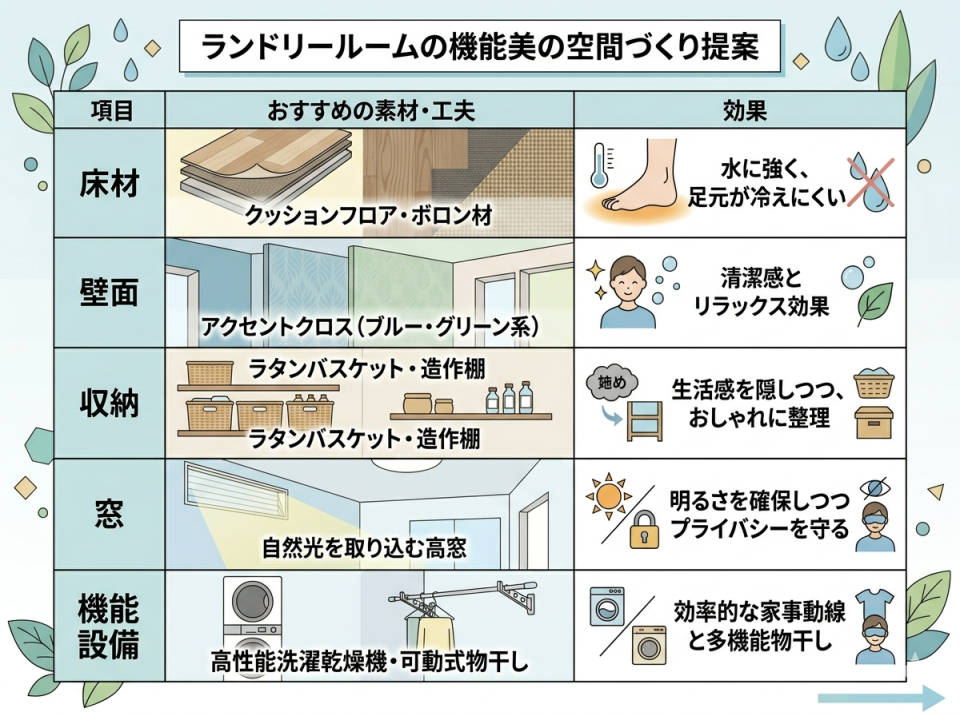 ランドリールームの機能美の空間づくり