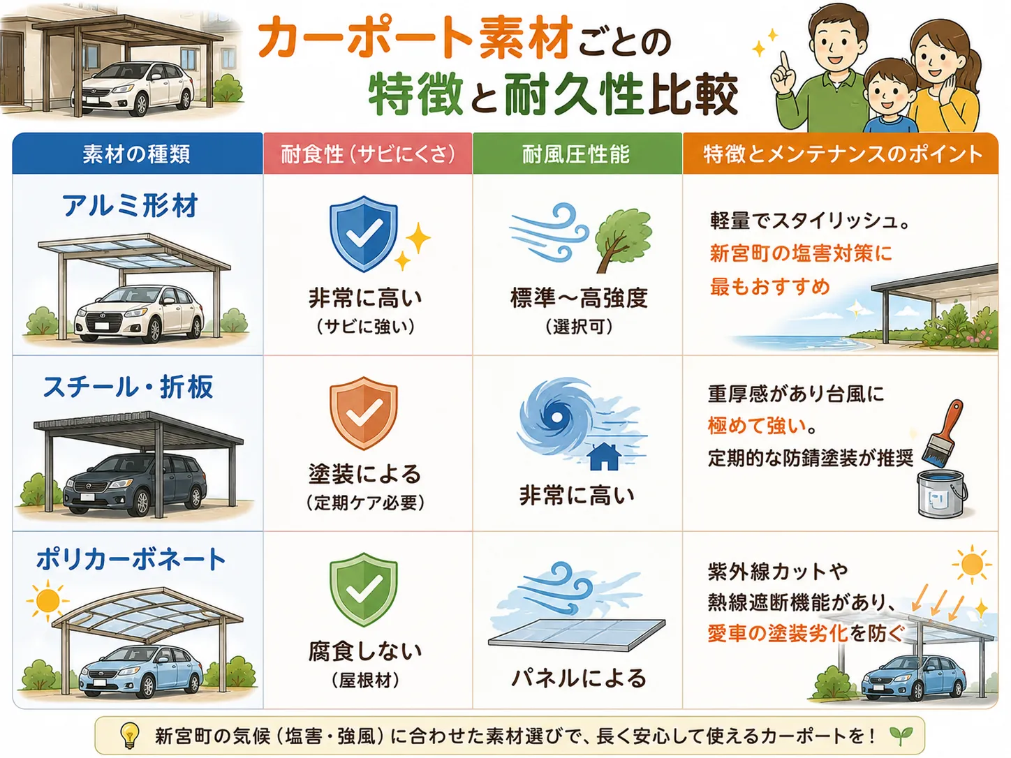 カーポート素材ごとの特徴と耐久性比較