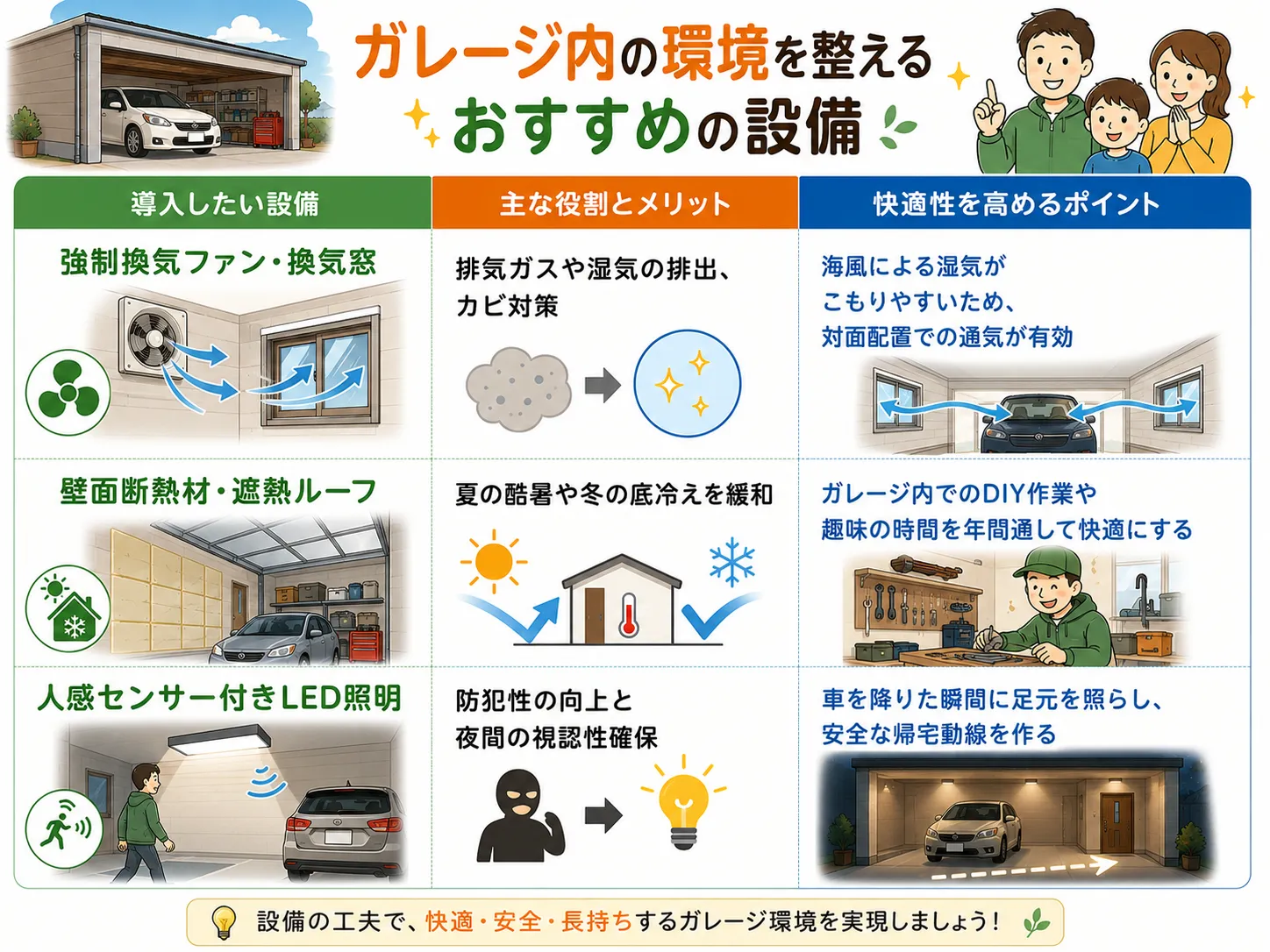 ガレージ内の環境を整えるおすすめの設備