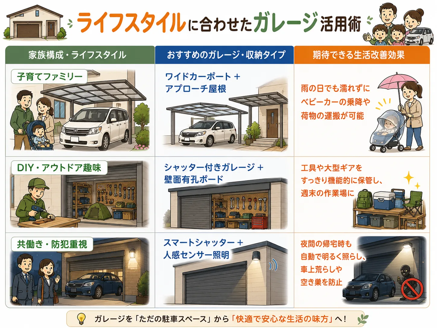 ライフスタイルに合わせたガレージ活用術
