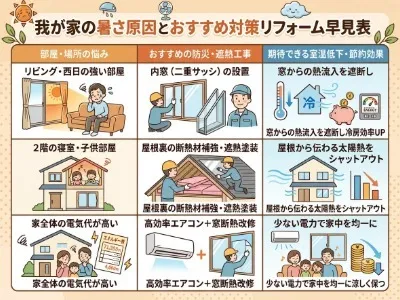 我が家の暑さ原因とおすすめ対策リフォーム早見表