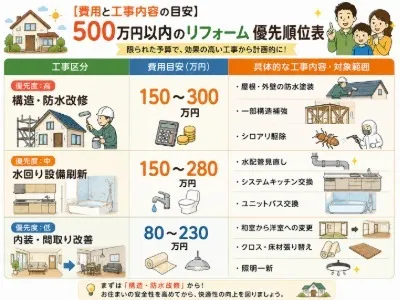 【費用と工事内容の目安】500万円以内のリフォーム優先順位表