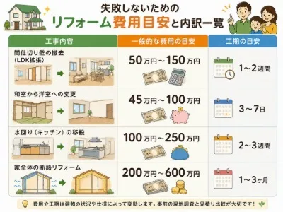 失敗しないためのリフォーム費用目安と内訳一覧