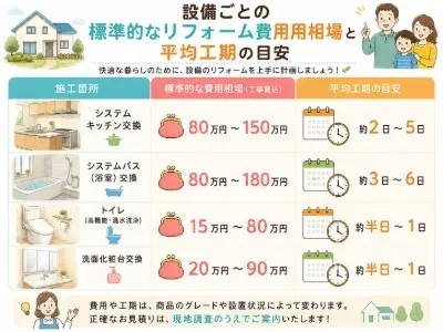 設備ごとの標準的なリフォーム費用相場と平均工期の目安