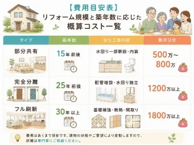 【費用目安表】リフォーム規模と築年数に応じた概算コスト一覧