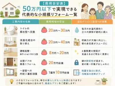 【費用目安表】50万円以下で実現できる代表的な小規模リフォーム一覧