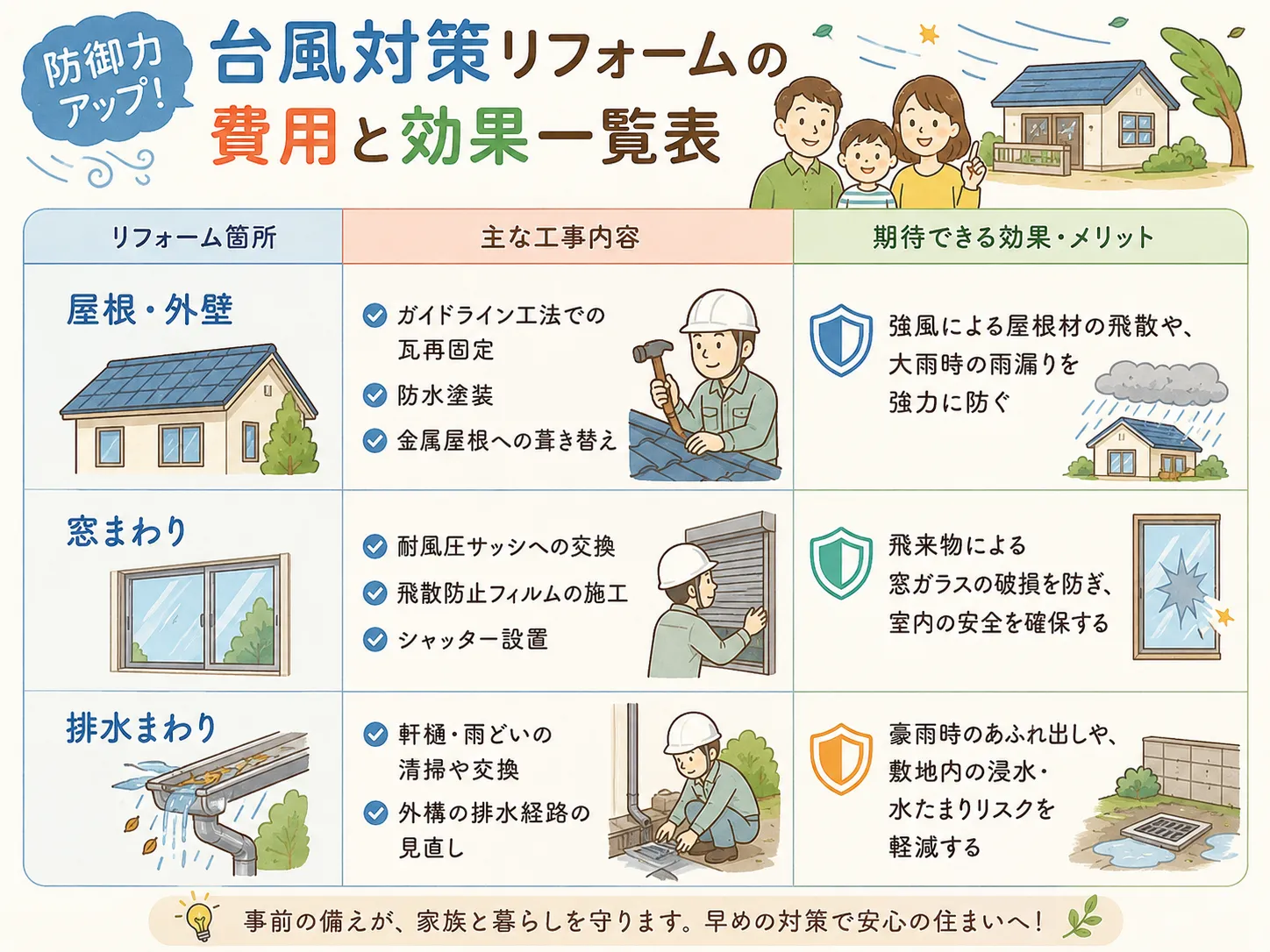 台風対策リフォームの比較一覧表
